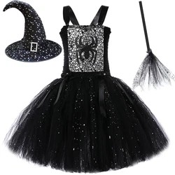 Sparkly Wicked Witch Halloween Costume for Girls Twinkle Tulles Black Spider Carnival Tutu Dress Up Outfits with Magic Hat Broom