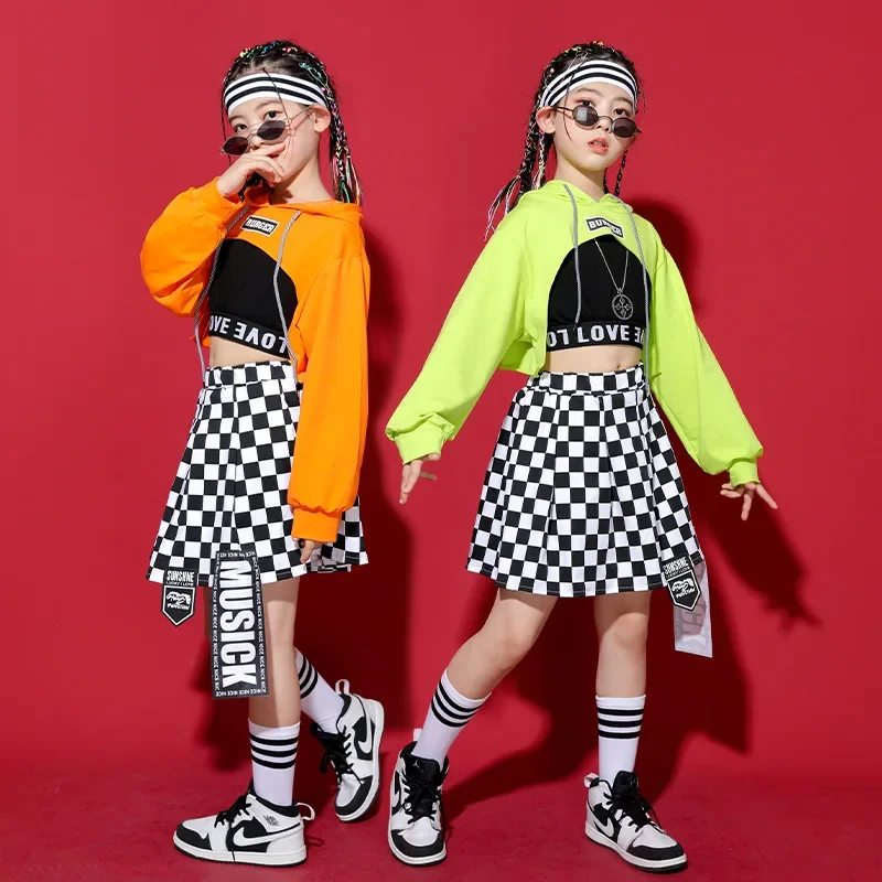 

Kid Hip Hop Clothing Hoodie Sweatshirt Crop Top Long Sleeve T Shirt Streetwear Checkered Skirt for Girl Dance Costume Clothes