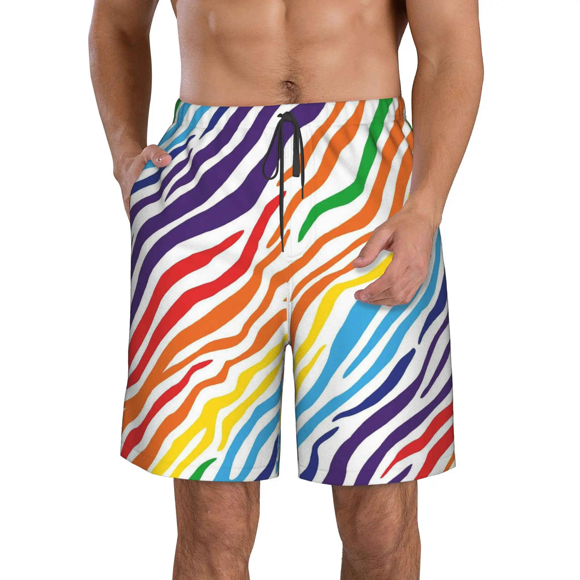 Printed Rainbow Stripes Trunks Beach Board Shorts Casual Quick Dry Swim Summer Men Pants
