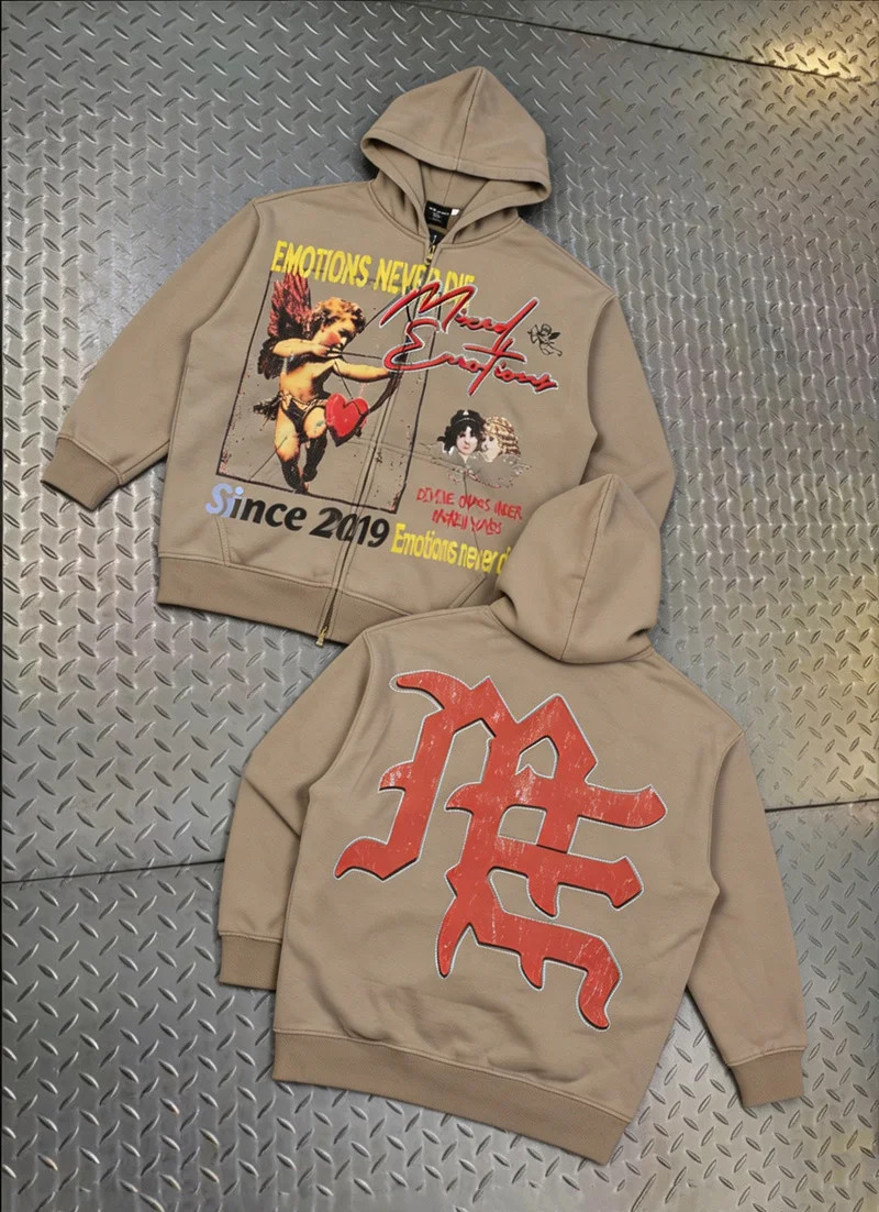 Graphic Zip Up Hoodie Men Vintage Washed Cupid Angel Print Rhinestone Oversized Fleece Hooded Sweatshirt Y2k Streetwear Jacket