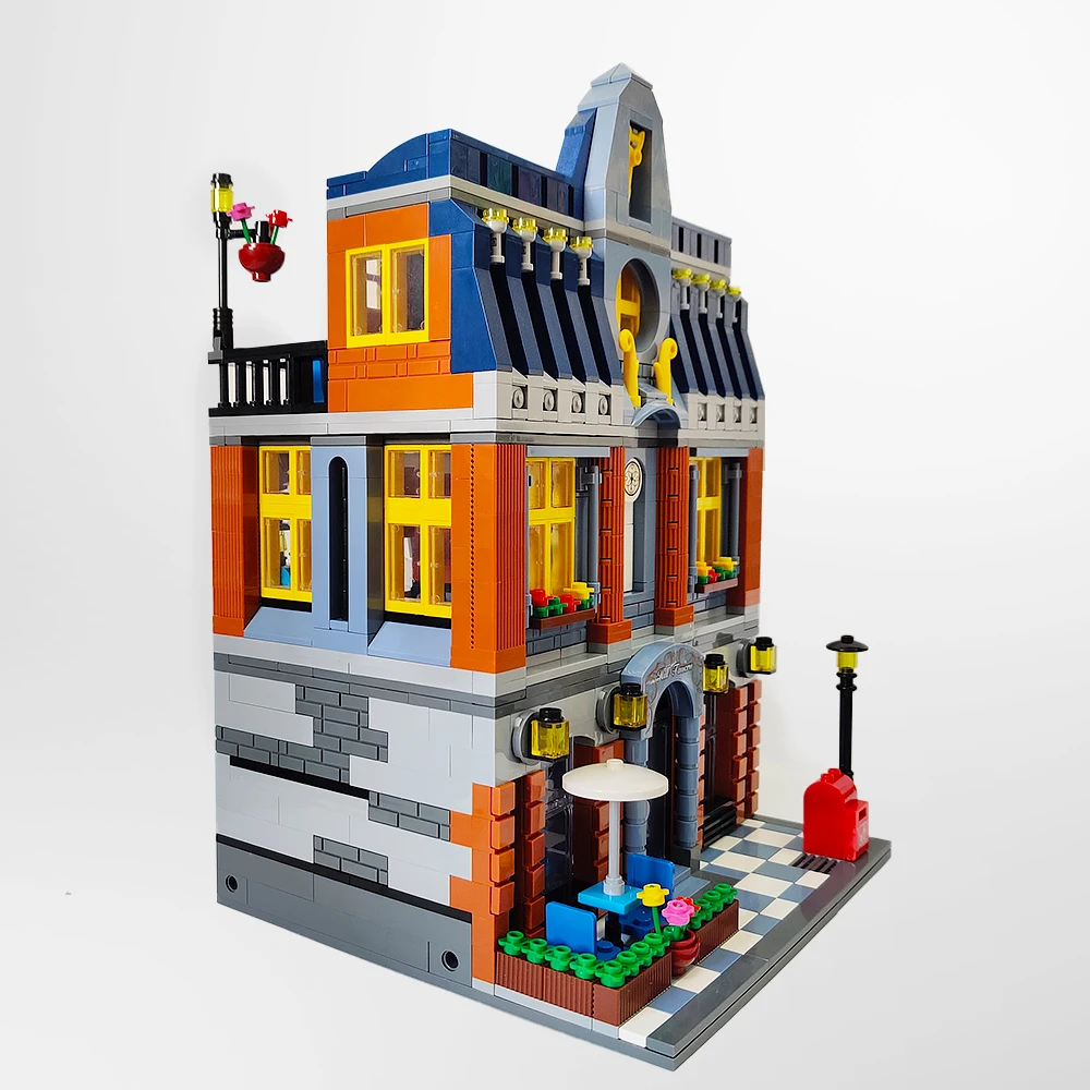 Escena de calle de ciudad, edificios modulares MOC Hill Tavern Architektur, modelo 1367 Uds., bloques de construcción, rompecabezas de ladrillo, juguetes para niños, regalo