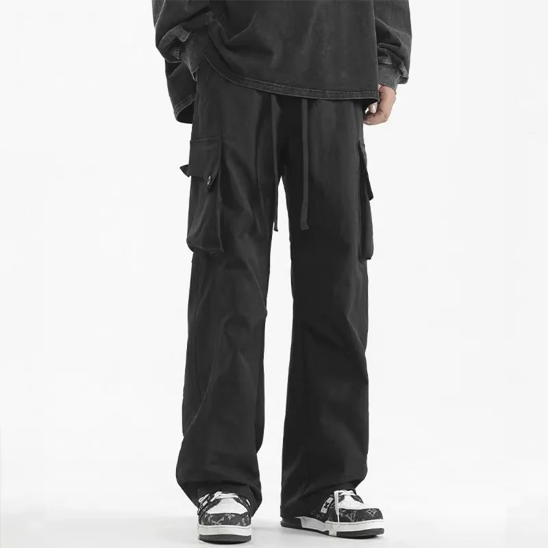 Overalls men's 2025 new loose straight wide-leg casual cargo pants American senior feeling ruffian handsome teen long pants