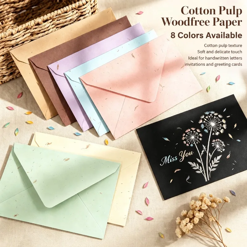 Artistic Floral Envelope Letter Set, Wooden Cotton Petal Design, Colorful Wedding Invitation Cards, Love Letters, Festive