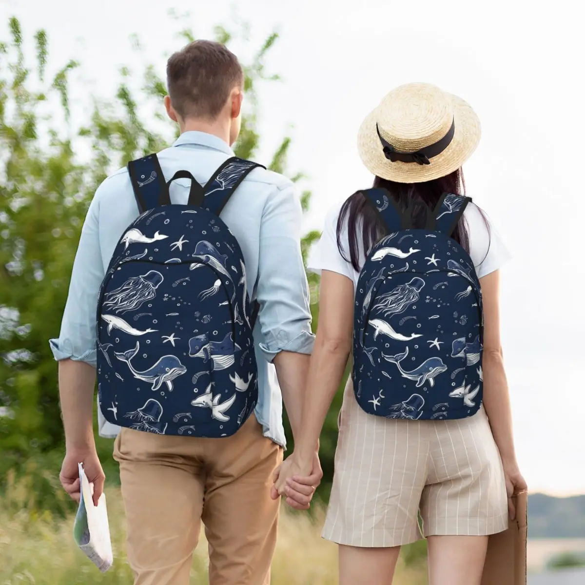 Sea Animals White Lines Dark Blue Background Backpack Student Boys Girls BookBag Children School Bag Computer Shoulder Bags