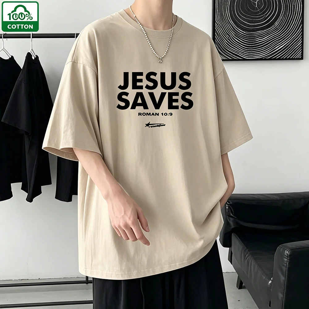 Cotton Vintage Washed T-Shirt Men's Jesus Saves Literal Print Outdoor Casual Loose Distressed Short Sleeve Tee Streetwear Top