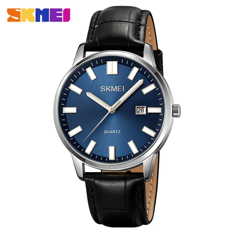 SkmeiМужские круглые мужские повседневные часы Кварцевые часы Водонепроницаемый кожаный ремень Корейские часы с календарем