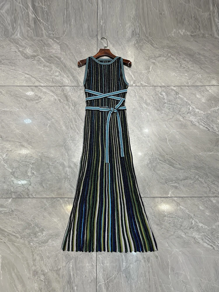 Summer Fashion Striped Silver Wire Knitting Vintage Floor-Length Dress Women's O-Neck Sleeveless Belt Slim Big Swing Long Dress