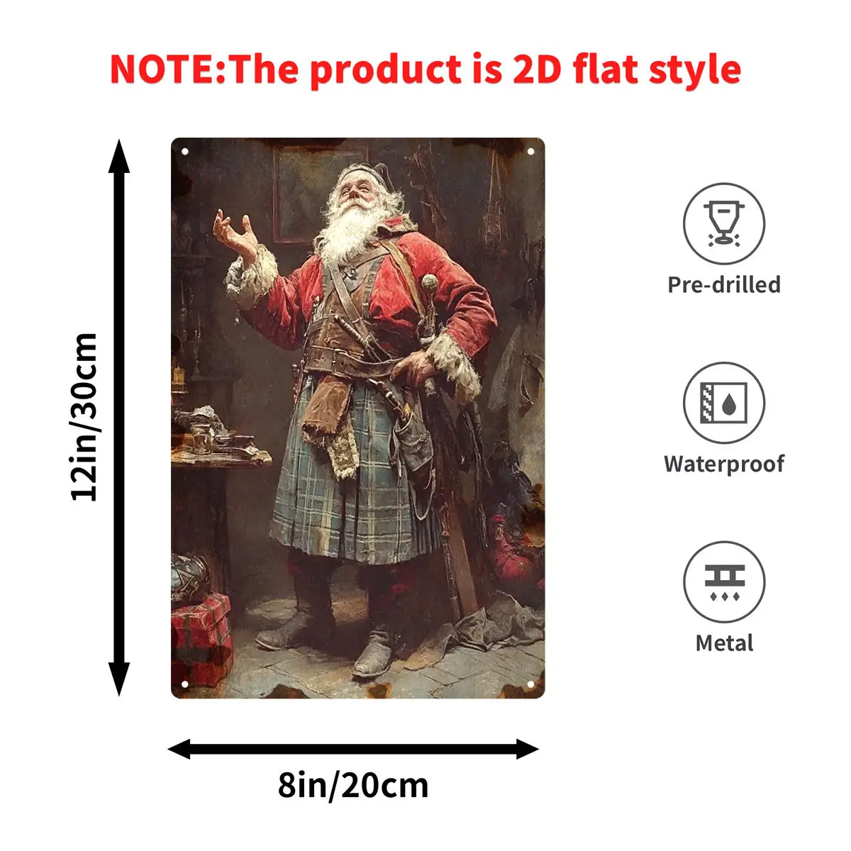 2D Flat, 1pc 2d Flat Vintage Santa Claus Metal Tin Sign, Jolly Santa In Kilt, Ideal for Christmas Home, Scottish Pub, Farmhouse