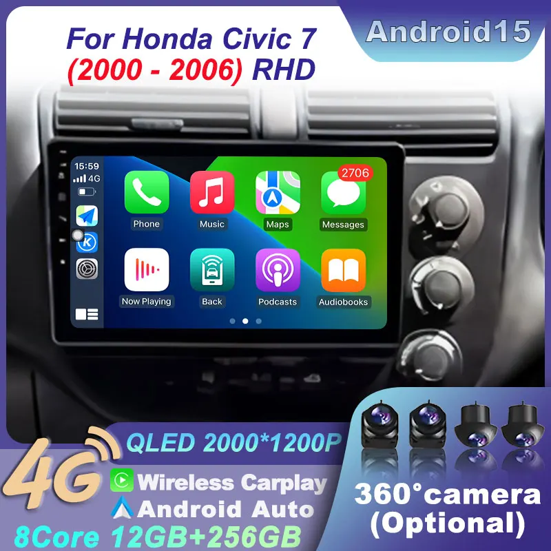 Andoird 15 Car Video Radio DSP WIFI 4G Wireless For Honda Civic 7 2000-2006 RHD Carplay Multimedia Head Unit BT WIFI Auto Stereo