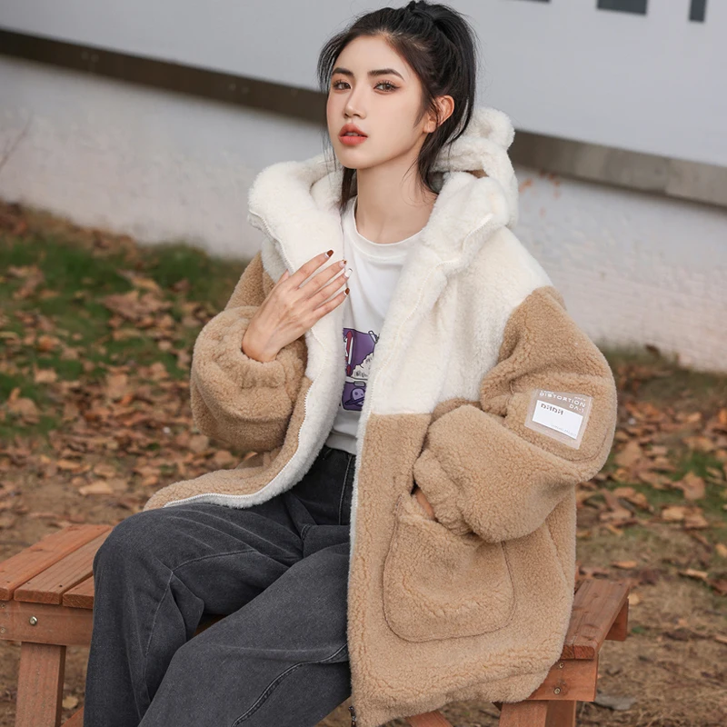 Thicke Lamb Wool Jacket for Women, Loose Overcoat, Hooded Cotton Clothes, Female Stitching Warm Parka, New , Autumn Winter, 2023