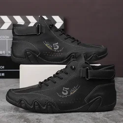 Leather Men Shoes 2024 Winter Waterproof Hight Top Casual Sneakers Men Luxury British Style Loafers Shoes Comfortable Men Flats