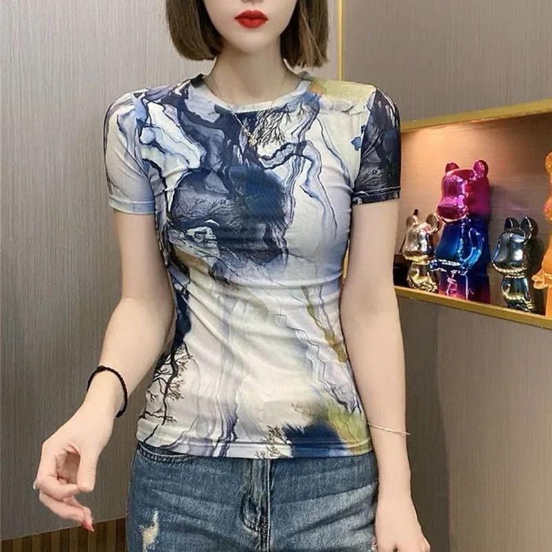 Summer Vintage Chinese Style Ink Wash Printing Short Sleeved T-shirt Women Slim Lace Affordable National Style Tie Dye Tops