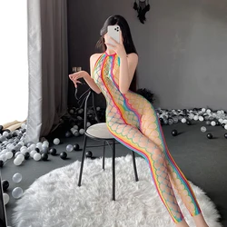 Women Erotic Lingerie Fishnet Stocking Underwear Sexy Color Net Clothes Transparent Tight Mesh Teddy Hollow Out Stretchy Costume