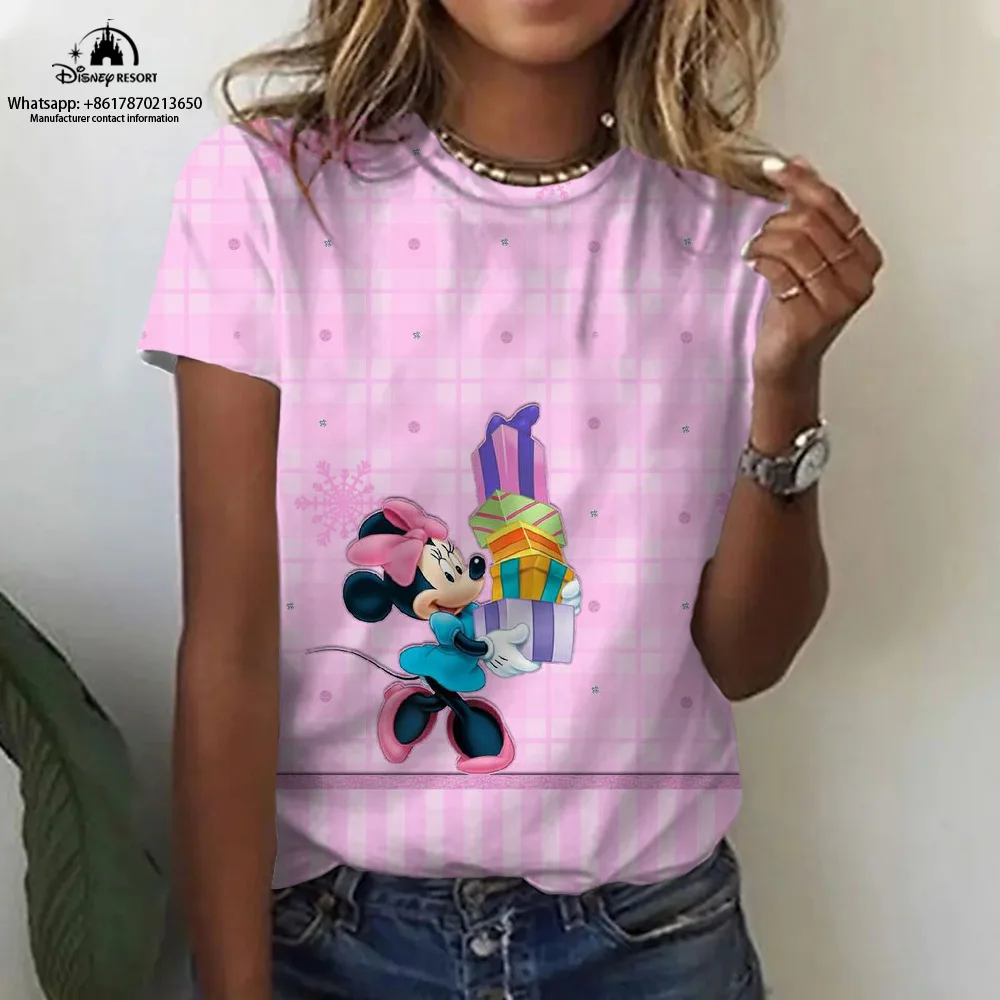 Camiseta estampada de manga curta feminina, roupas fofas, gráfico Mickey e Minnie, roupas de verão, tops fashion