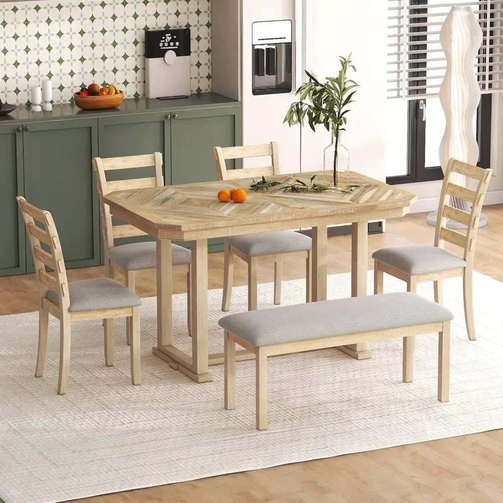 

6-Piece Dining Table Set for 6 Rectangular Kitchen Table Set with 4 Chairs and Bench Vintage Dining Room Set with Wood Grain