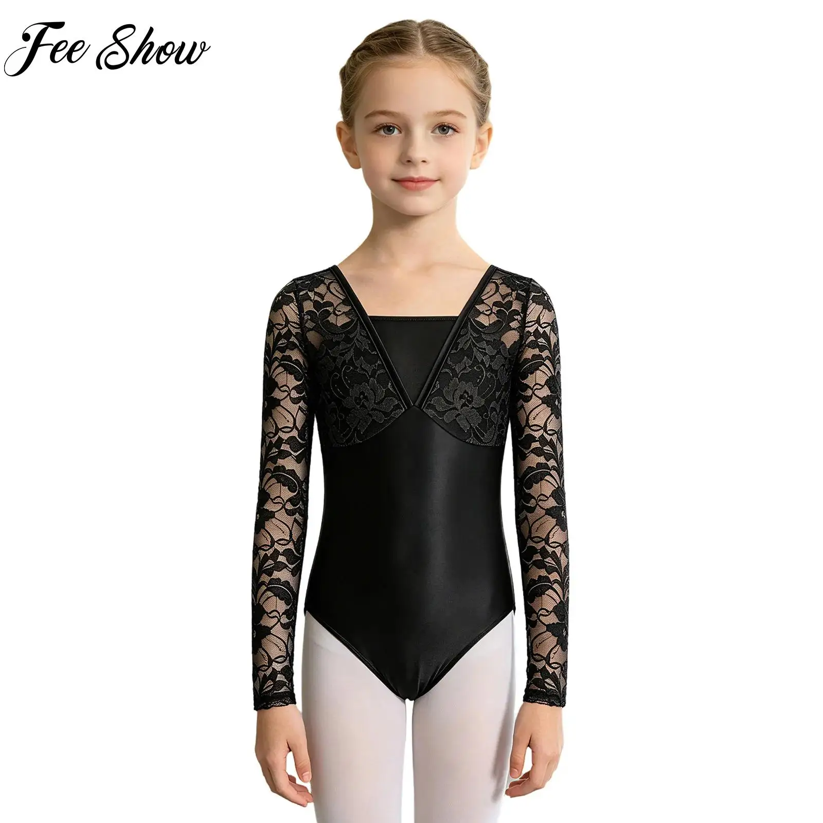 

Kids Girls Lace Ballet Performance Leotard Long Sleeve Uback Press Button Bodysuit Contemporary Dance Gymnastics Practice Outfit