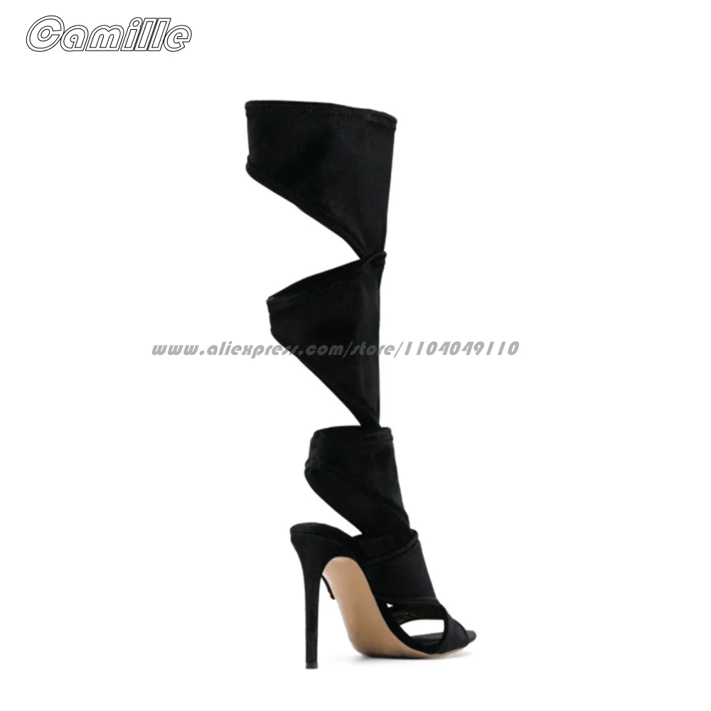 Black Suede Catwalk Style Hollow Back Empty Sandal Boots Open Toe Size 35-43 Sexy Lady High Heel Boots Pointed Toe 10CM Boots