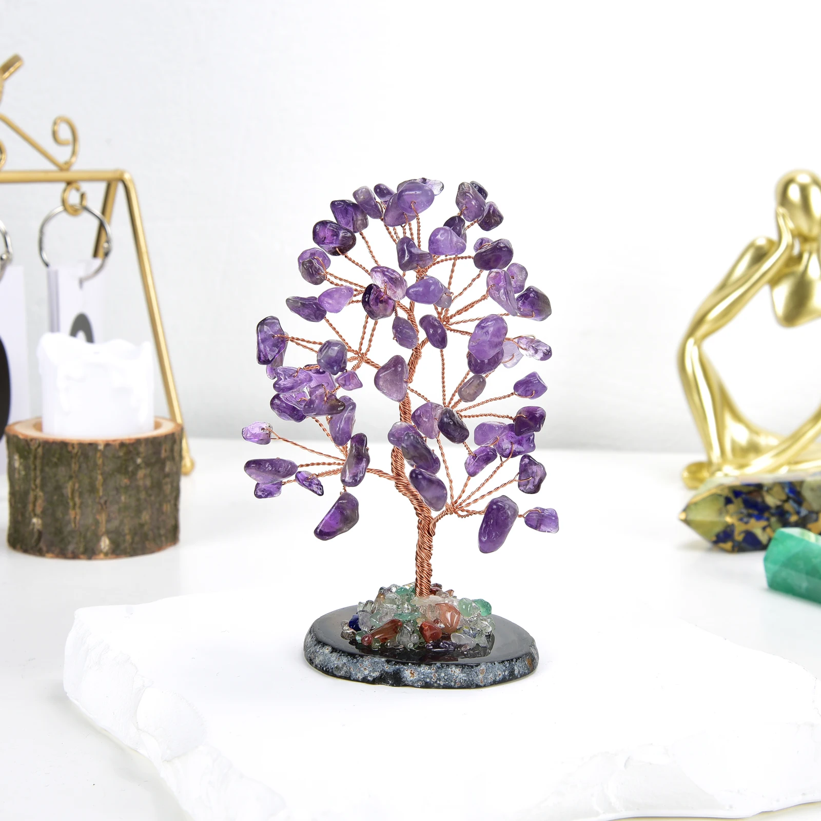 Lucky Crystal Tree Random Stone Base Natural Amethyst Money Tree for Positive Energy Crystal Tree Home Office Decoration