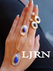 2023 New Vintage Earring Necklace Rings Fritillaria Natural Stone Lapis Lazuli Retro French Jewelry Set for Women Jewelry