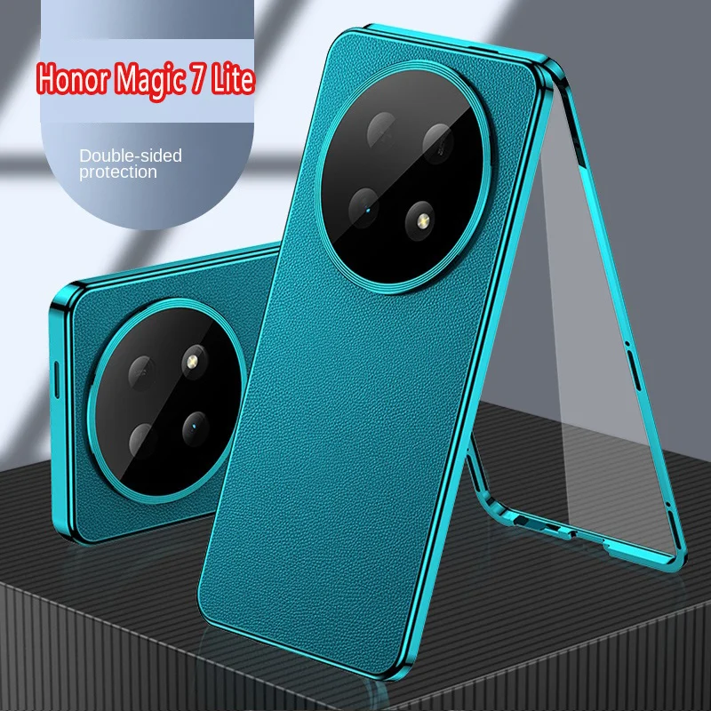 

Honor Magic7 Lite BRP-NX1 Case Metal Bumper Magnetic Glass Front Glass Back PU Leather Hard Cover for Honor Magic 7 Lite 5G