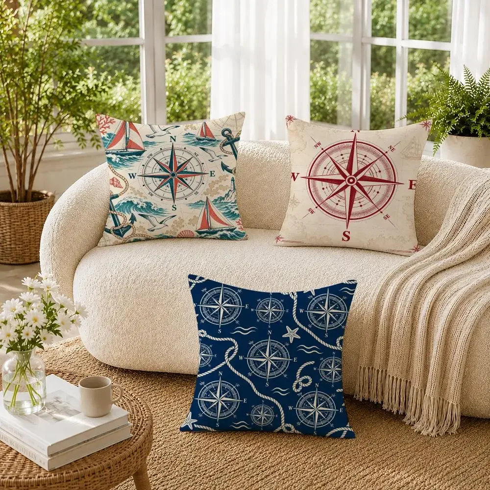 Nautical Compass Throw Pillow Covers Set Coastal Ocean Decor for Sofa Beach House Bathroom Nautical Theme