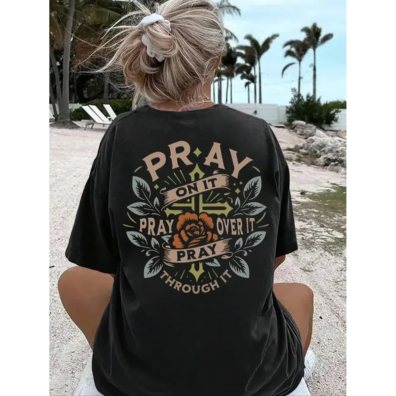 [100% Cotton] Women'S Floral & Letter Print Drop Shoulder Tee, Casual Half Sleeve Round Neck T-Shirt For Summer, Women'S Top For Daily Wear T-Shirt For Men And Women