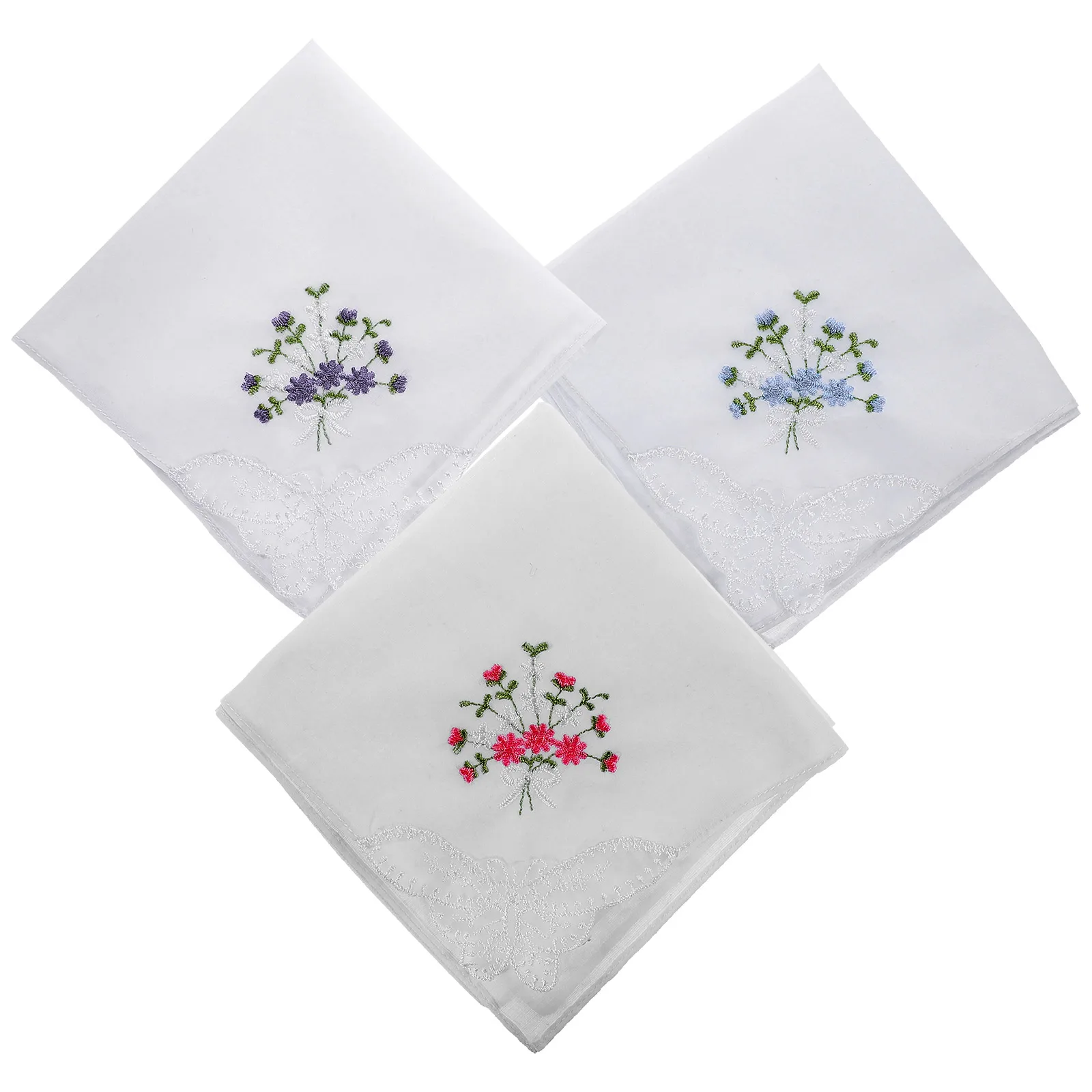 

3pcs Embroidery Square Handkerchiefs Cotton Fabric Flower Women Handkerchief Lace Trim Vintage Pocket Towel White Floral Cotton