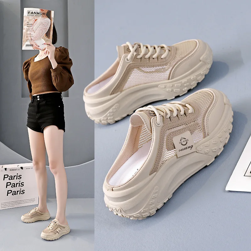 

Women Vulcanized Casual Half Slippers for Summer Outdoor Wear One Foot Lazy Shoes Breathable Sports Shoes New Mesh Cool Slippers