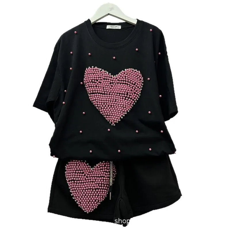 Women Diamonds Beaded Heart Shaped T-shirt Love Pearls Beaded Tees Short Sleeve Tops + elastic Waist Wide Leg Shorts 2Pcs Set