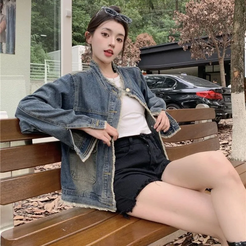 Women's Fall Spring Tops Coat Cowboy Round Neck Raw Edge Vintage Simple Loose Casual Designed Fashion New Niche Versatile Skinny