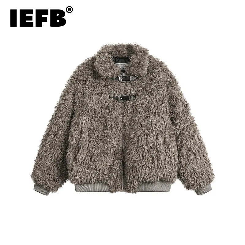 IEFB Korean Style Men's Padded Jackets Turn-down Collar Metal Button Thickened Solid Color Loose Lamb Wool Male Coats CPG2187