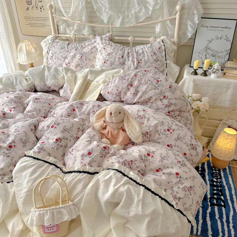 

Комплект пододеяльников с принтом Red Little Flower Seersucker в корейском стиле, funda nordica 150 cama, пододеяльник с оборками, мягкий 이불커버