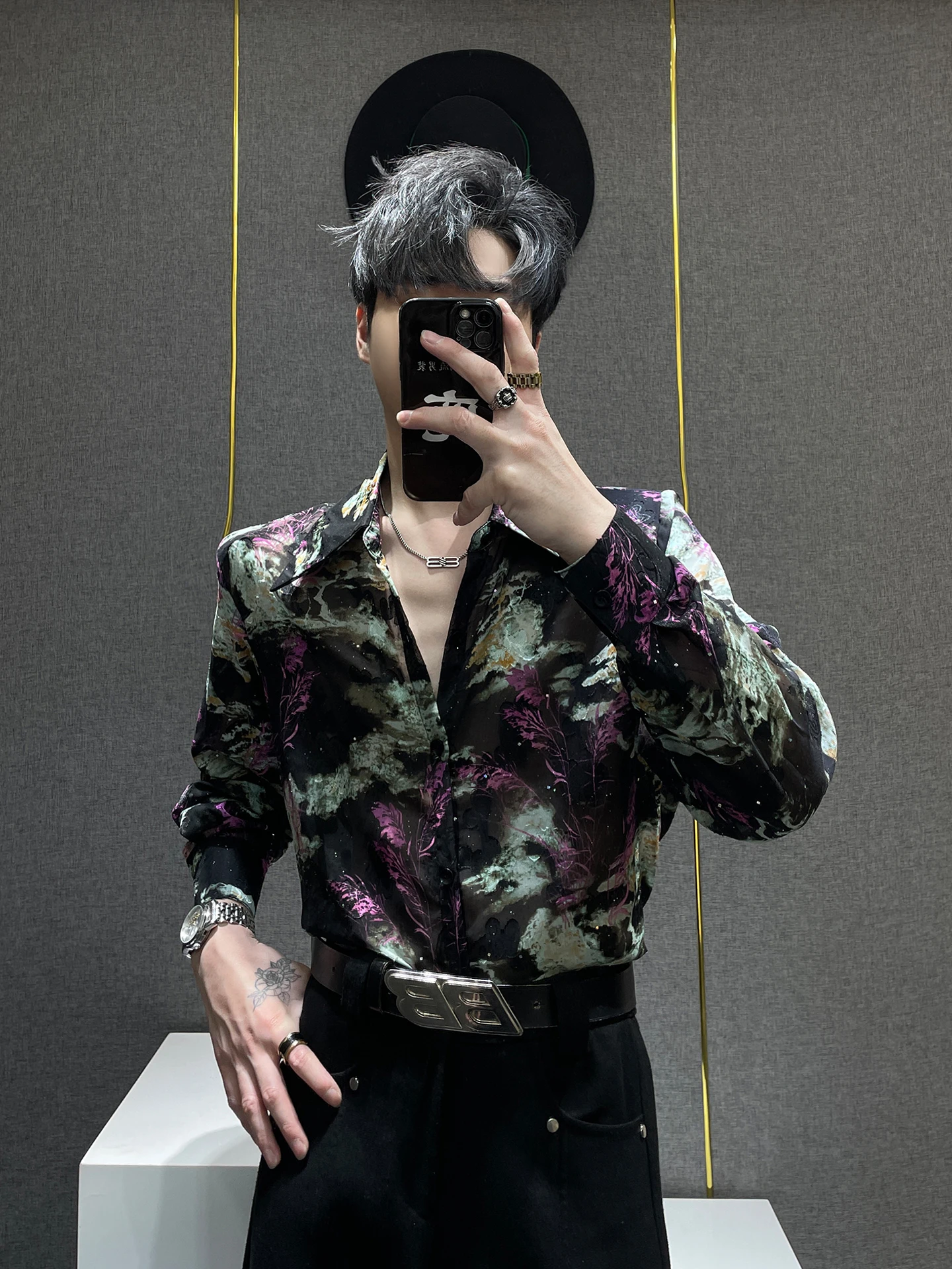 

Summer Men's Long Sve Printed irt Gold Foil Design Thin Breathable oulder Padded Loose Fit Polyester Casual irt