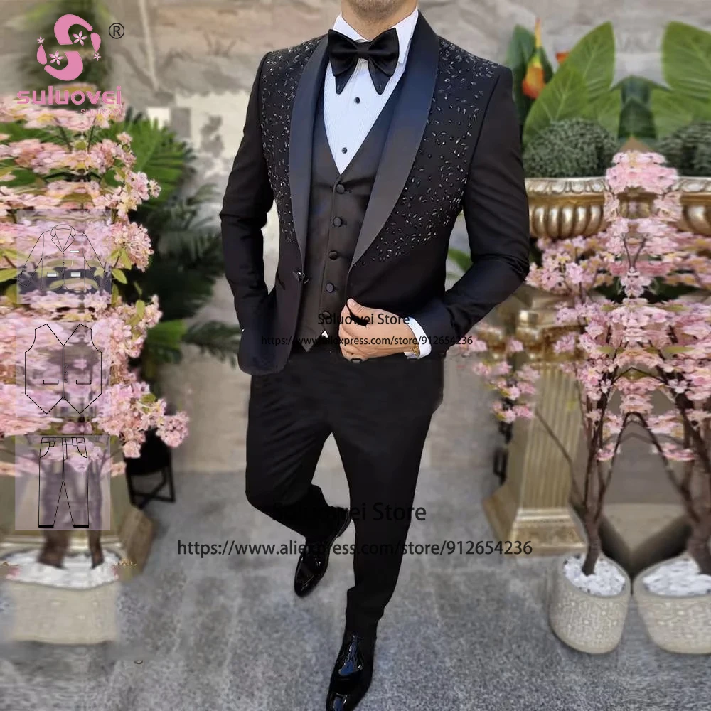 Luxury Beaded Shawl Lapel Suits For Men Elegant 3 Piece Jacket Vest Pants Set Formal Groom Wedding Prom Tuxedos Blazer Masculino