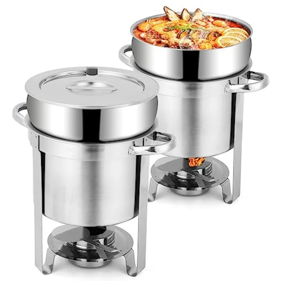 

7QT Soup Chafer, Stainless Steel Round Soup Warmer with Pot Lid and Fuel Holder, Commercial Soup Pot Chafing Dish for Catering,