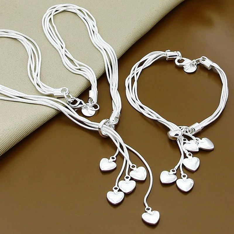 

925 Sterling Silver Bracelets Necklace Tassels Hanging Cute Heart Jewelry Set For Women Fashion Party Wedding Jewelry Gifts