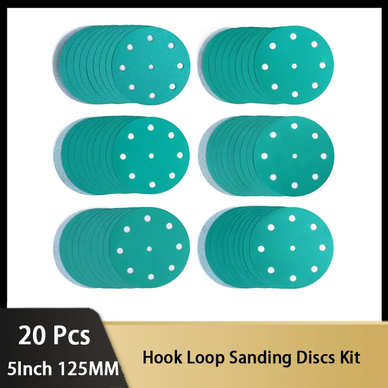 20Pcs Hook Loop Sanding Discs 5inch 125MM 9Hole 120-600# Assorted Grit Sandpaper Wet Dry Film-Backed Green Line for Grinding