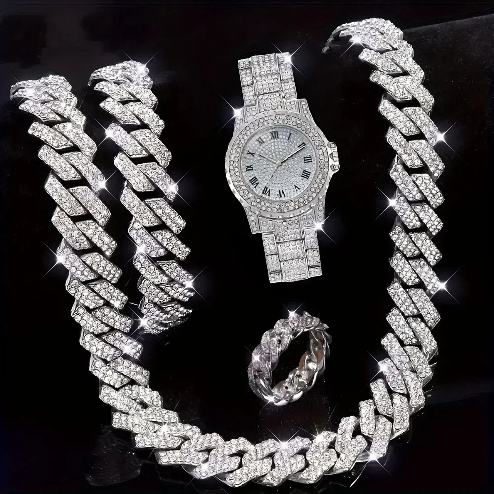 4pcs Men's Hip Hop Diamond Bracelet Set, Ring Set, Men's Watch Gift Set