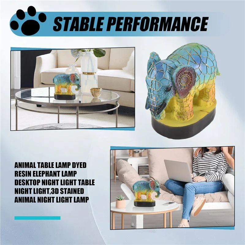 Animal Table Lamp Dyed Resin Elephant Lamp Desktop Night Light Table Night Light,3D Stained Animal Night Light Lamp Durable-ABQU