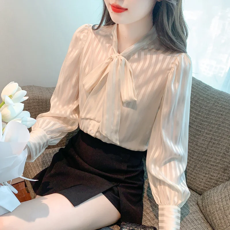 Korean Style Striped Long Sleeve Chiffon Blouse for Women Autumn2025Autumn New Fashion Bowknot Stylish Versatile Top