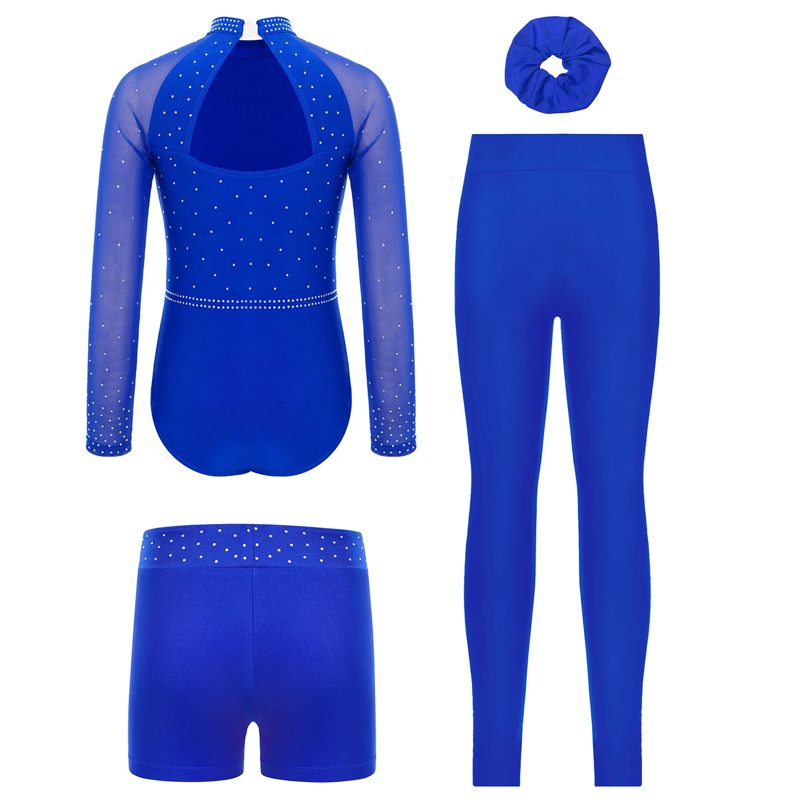 4 ピース/セット子供女の子バレエ体操衣装シアーメッシュ長袖クロスフロントカットアウトバックレオタード + ショーツ + レギンス + ヘアバンド