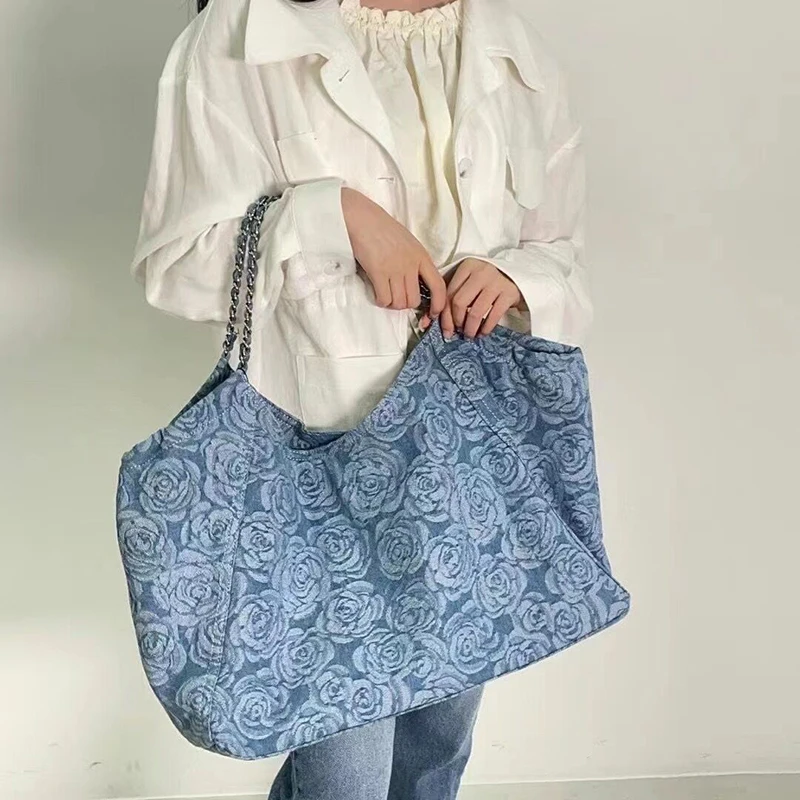 Denim Floral Tote Bags For Women Luxury Designer Handbags and Purses 2023 New In Lady Chain Large Capacity Shopper Shoulder Bag