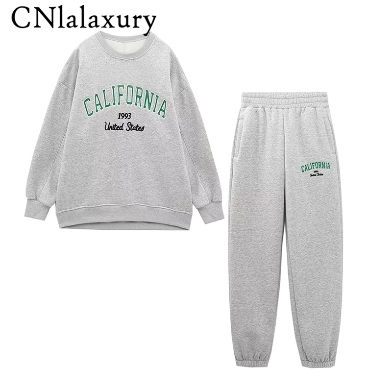 CNlalaxury 2023 Autumn Winter Woman Grey Round Neck Embroidery Sweatshirt Loose Long Sleeves English Letter Pullover Plush