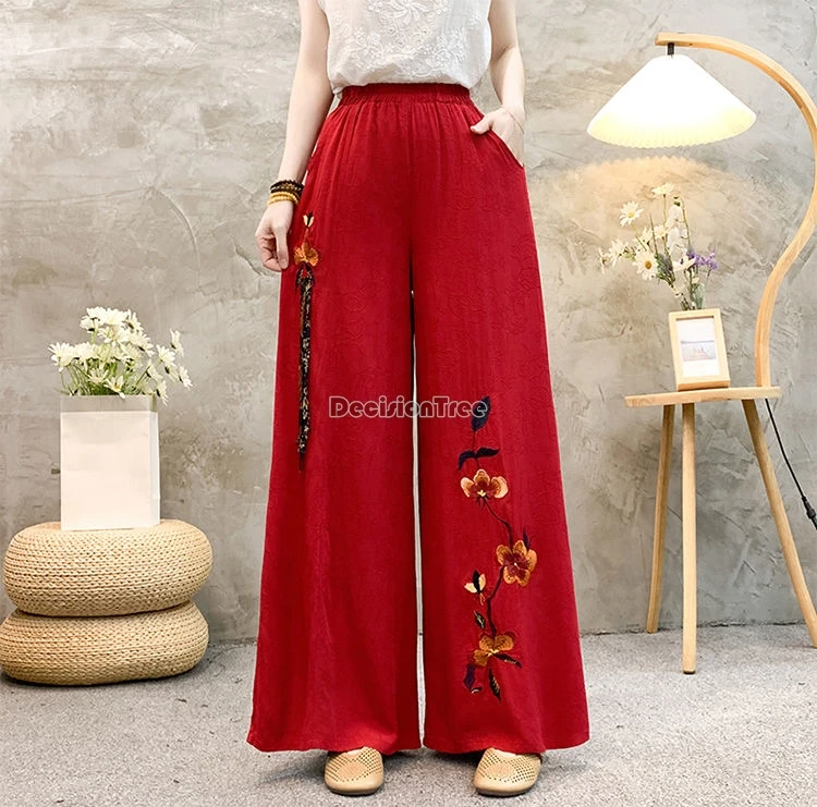 

2024 summer loose high waist straight pants big size leisure thin women trousers chinese style embroidery square dancing pants