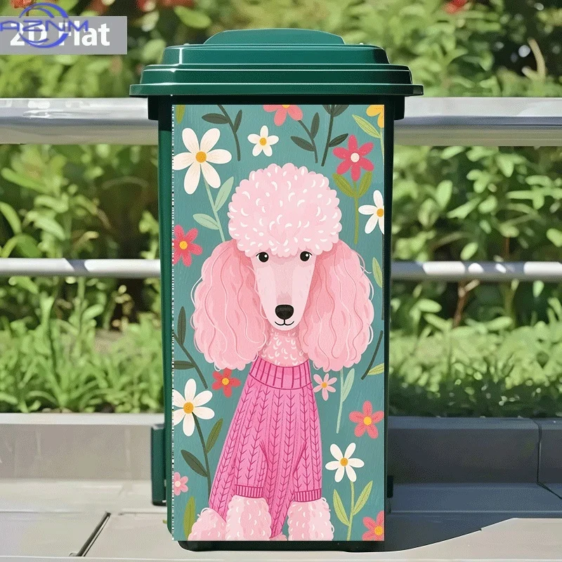 2D Flat Printing 1pc Trash Can Sticker, Pink Poodle in Floral Dress Theme Design, Self-Adhesive Wall Decal Wallpaper, Kitchen