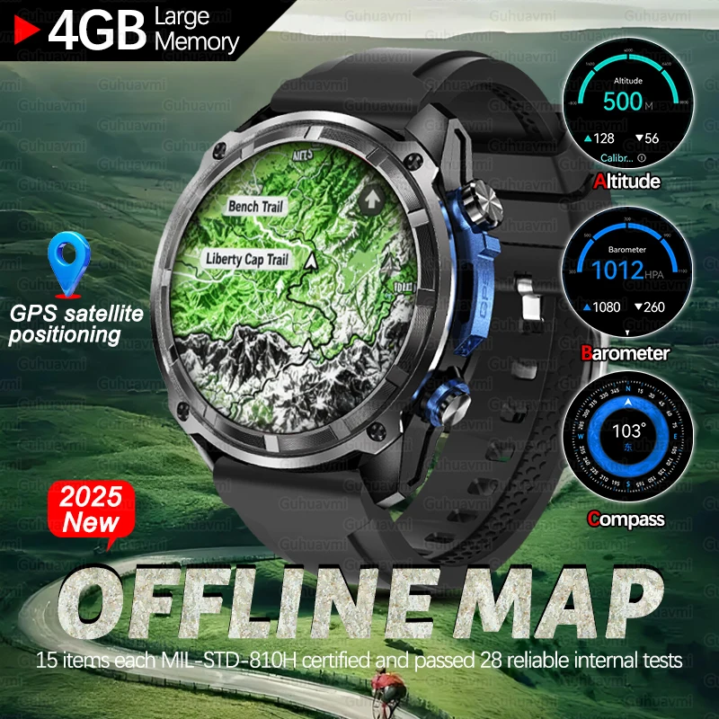 2025 New Tactical Sports Smartwatch Built-in GPS Offline Map 4GB Memory 5ATM Waterproof Swimming Men Militray Smart Bracelets