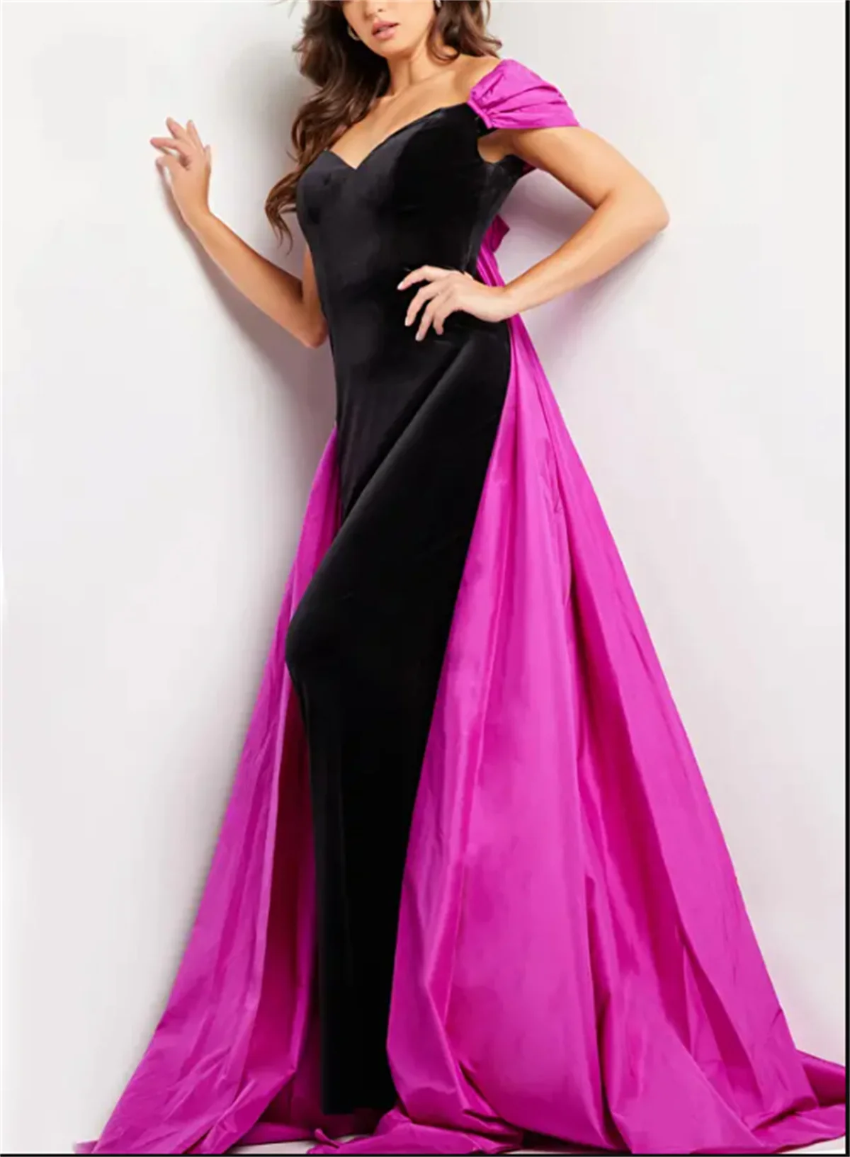 Fashion Black Red Contrast Velvet Evening Dress Sexy Bandeau Backless Slit Prom Dress Formal Occasion Party Watteau Trail 2024