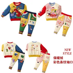 Girls' Clothes Miki Set Autumn and Winter New Boys Cartoon Cute Bear Rabbit Color Stitching Velvet Sweatshirt and Sweatpants