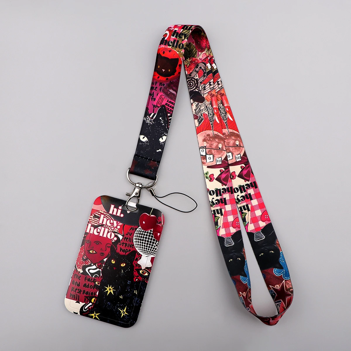 Retro Collage Black Cat Lanyard Neck Strap Keychain Card Cover Badge Holder Mobile Phone Hang Rope Keyring Accessories Gifts
