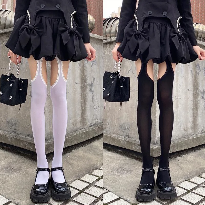 

Over The Knee Lolita Socks With Garters For Women, Sexy White Thigh High Stockings With Wide-band Suspender